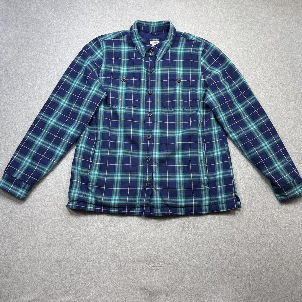 LL Bean Jacket Women Medium Blue Green Plaid Quilted Lined PrimaLoft Shacket